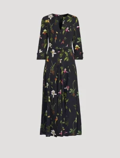 Belted Cady Midi Dress in Orchid Print