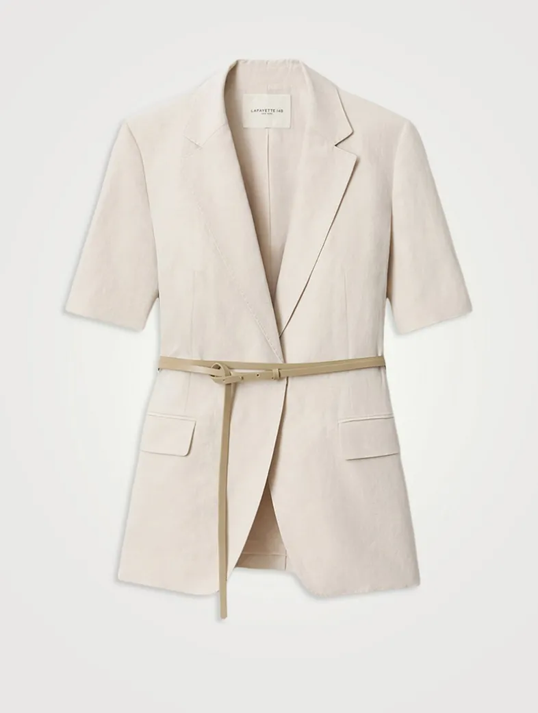 Belted Silk Linen Short-Sleeve Blazer