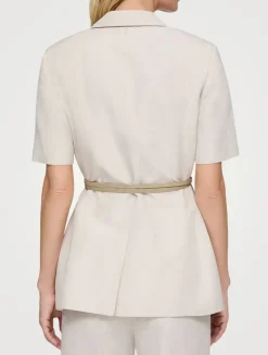 Belted Silk Linen Short-Sleeve Blazer