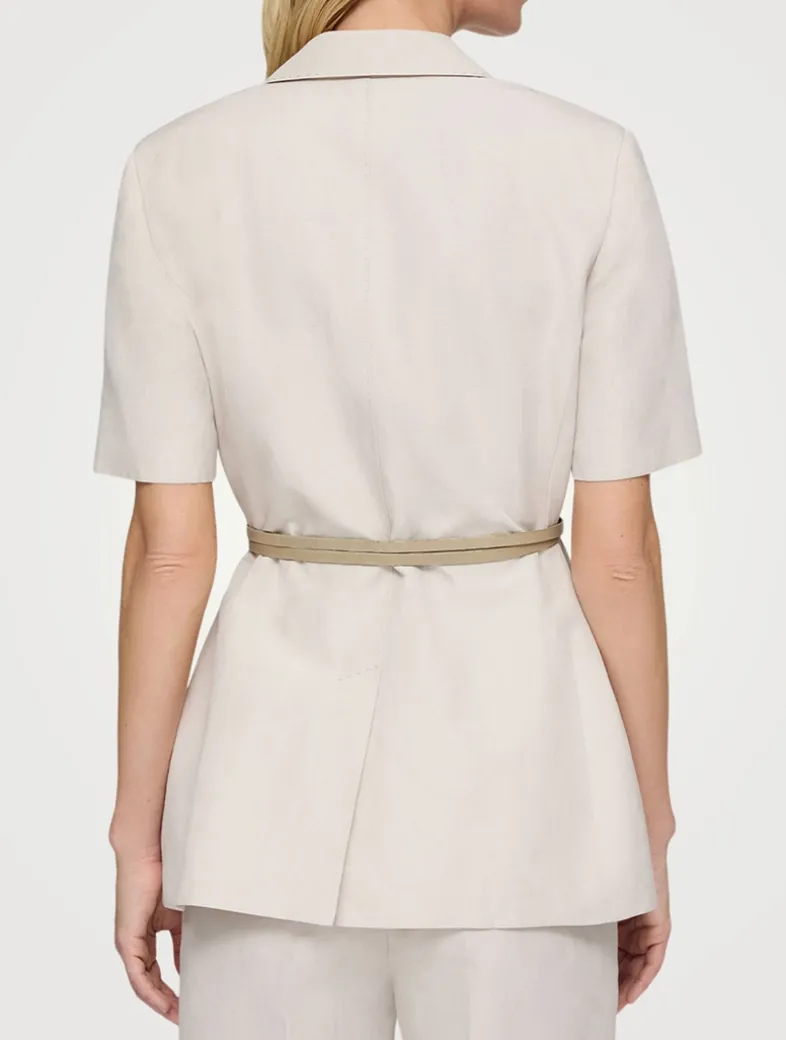 Belted Silk Linen Short-Sleeve Blazer