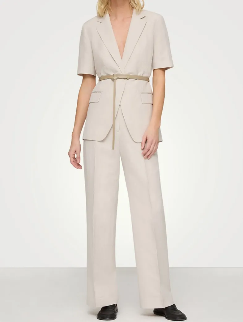 Belted Silk Linen Short-Sleeve Blazer