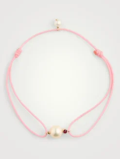 Cord And 14K Gold Bracelet With Pearls And Ruby