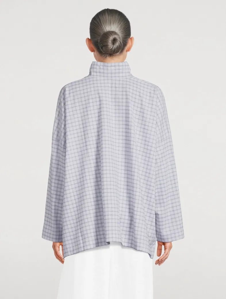 Double Stand Collar Shirt In Plaid Print