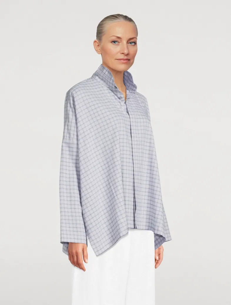 Double Stand Collar Shirt In Plaid Print
