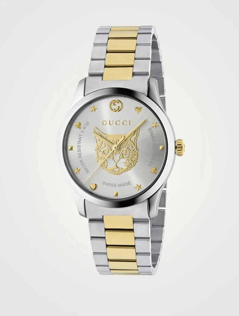 G-Timeless Large Feline Head Two-Tone Stainless Steel Bracelet Watch