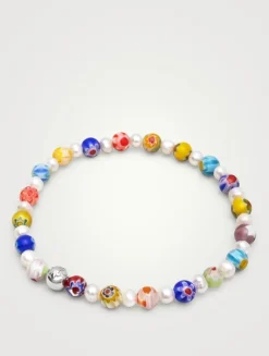 Hand-Painted Glass Bead And Pearl Bracelet