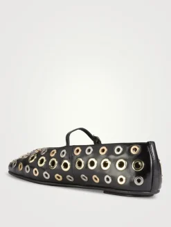 Holed Gromet Leather Mary Jane Ballet Flats