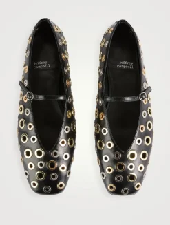 Holed Gromet Leather Mary Jane Ballet Flats
