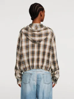 Hooded Drawstring Shirt In Plaid Print