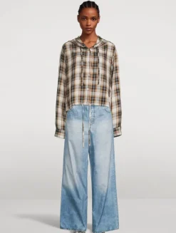 Hooded Drawstring Shirt In Plaid Print