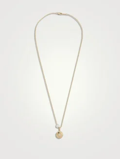 14K Gold Ball Chain Starburst Medallion Pendant Necklace With Pearl And Diamond