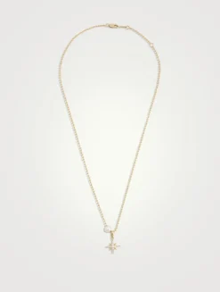 14K Gold Ball Chain Starburst Pendant Necklace With Pearl And Diamonds
