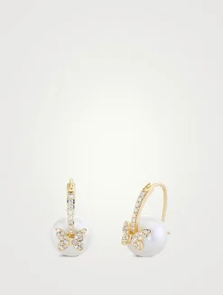14K Gold Butterfly Pearl Bead Earrings With Diamonds