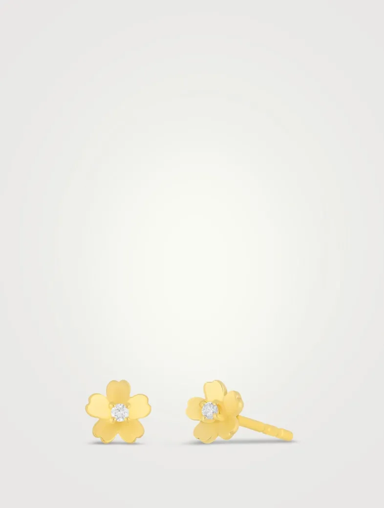 14K Gold Cherry Blossom Earrings With Diamonds