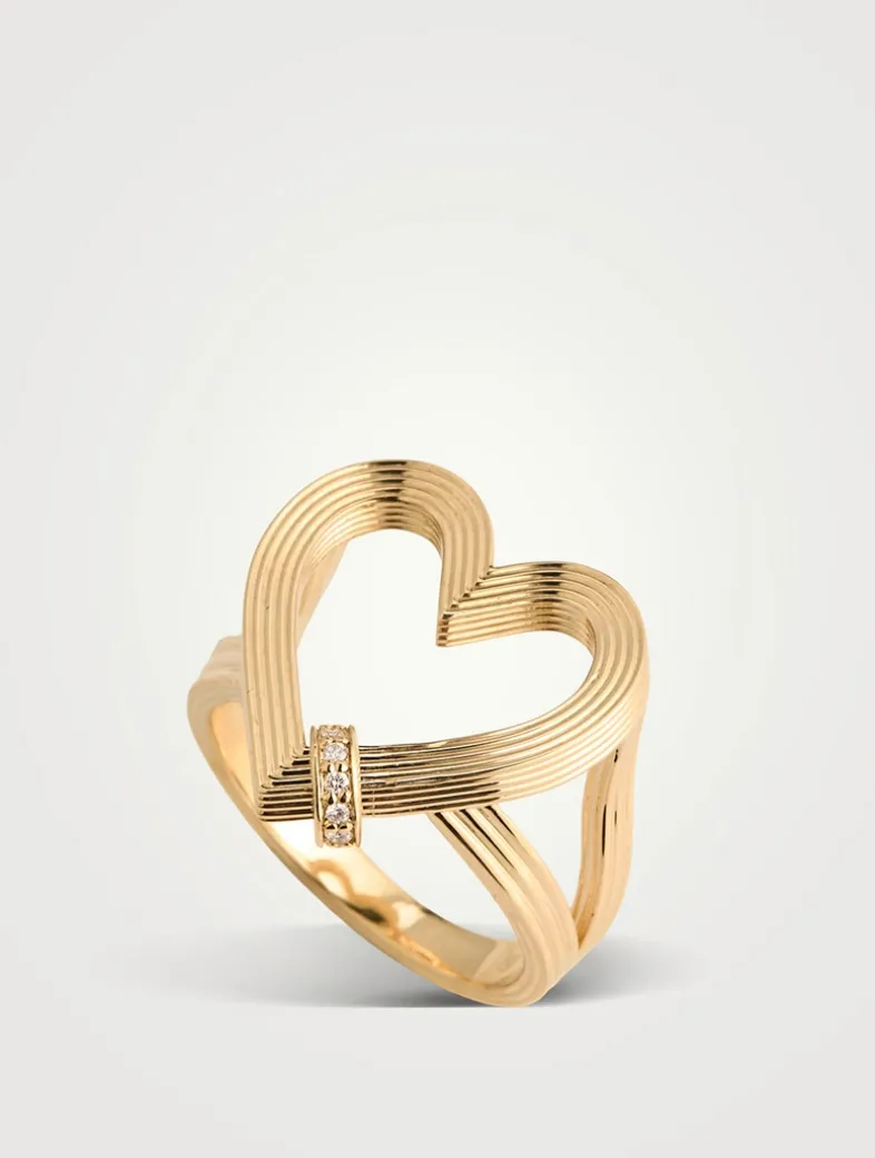 14K Gold Fluted Heart Ring With Rondelle With Diamonds