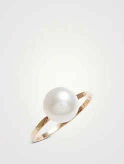 14K Gold Large Pearl Hammered Ring