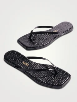 Lily Square-Toe Croc-Embossed Leather Flip-Flops