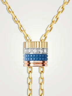 Mini Quatre Blue Edition Gold Lariat Tie Necklace With Ceramic And Diamonds