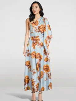 One-Shoulder Silk Twill Midi Dress In Peony Print