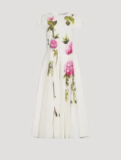 Poplin Midi Dress In Painted Roses Print