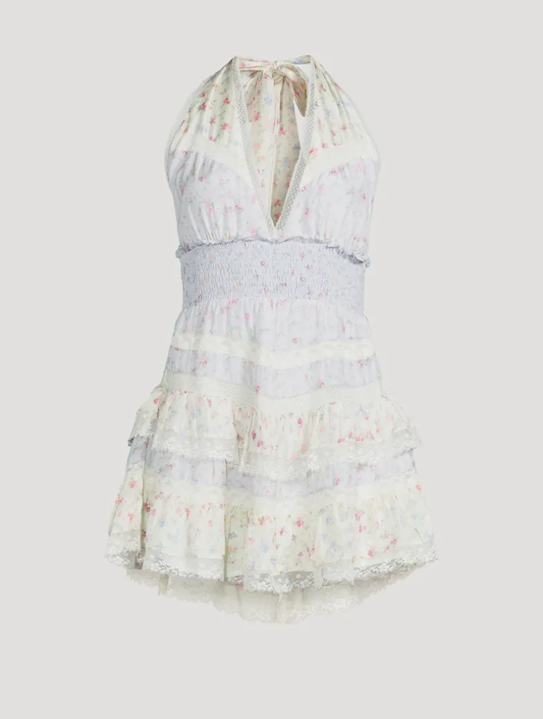 Prim Silk Halter Mini Dress In Floral Print