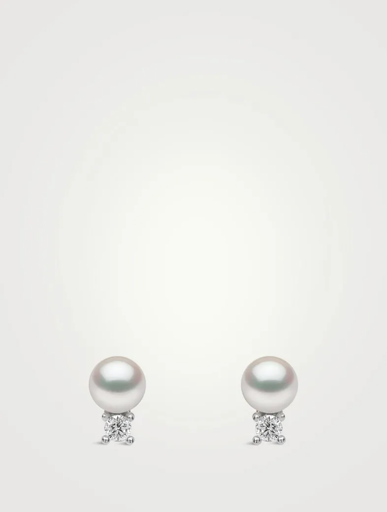 Trend 18K White Gold Freshwater Pearl And Diamond Petite Stud Earrings