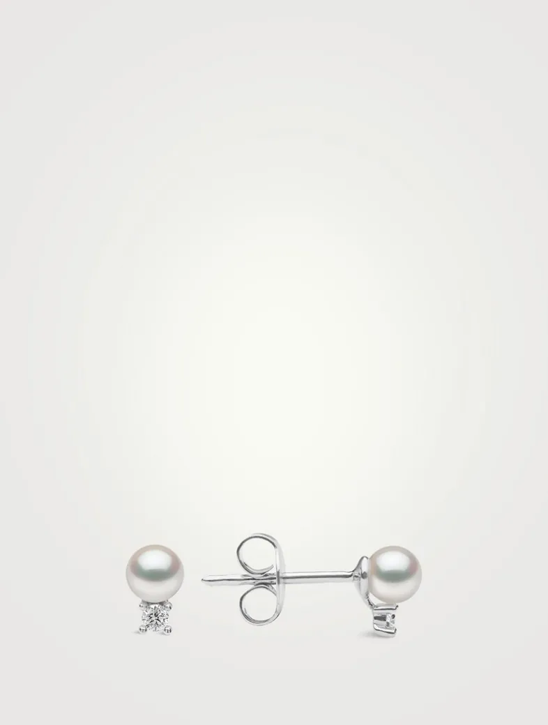 Trend 18K White Gold Freshwater Pearl And Diamond Petite Stud Earrings