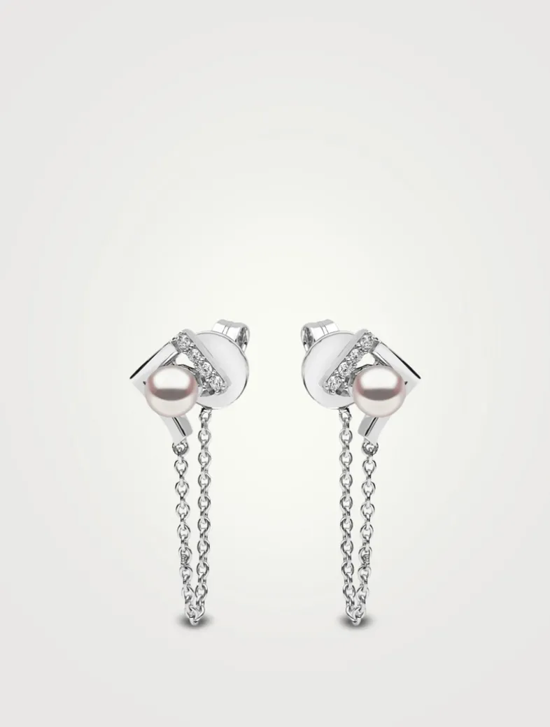 Trend 18K White Gold Pearl Chain Drop Earrings With Diamonds