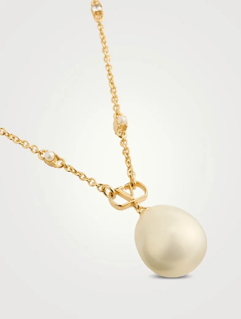 VLogo And Faux Pearl Chain Necklace