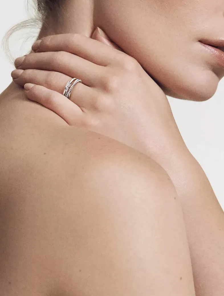 X Crossover Band Ring In Sterling Silver With Pavé Diamonds